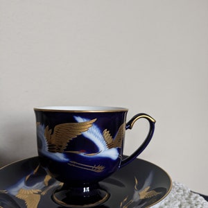 Spectacular Vintage Haeng Nam S.A Made in Korea Cobalt Blue Teacup With  Saucer Gold/White Swan design.