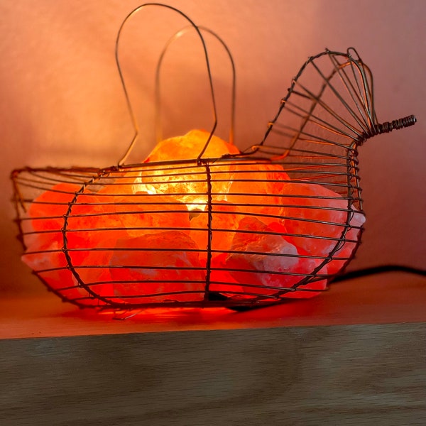 Vintage Chicken Egg Basket, has morphed into a funky and fun Salt Lamp, perfect for any kitchen, mantle or shelf.