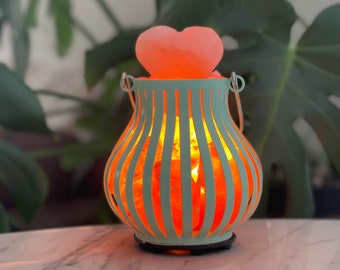 Love and Spring are in the Air with this beautiful aqua, metal Salt Lamp with a  Himalayan Salt Heart Massage stone.