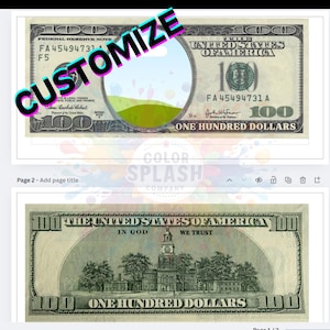 100 Dollar Bill | Template | Canva | Canva Pro| Customizable | Downloads | party favor |
