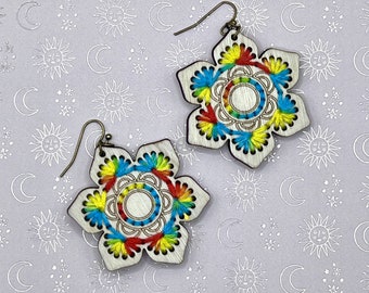 Handmade Rainbow Flower Mandala Earrings • Boho Jewelry • Wooden Dangle Earrings • Lightweight • Wood Earrings • Embroidered Earrings