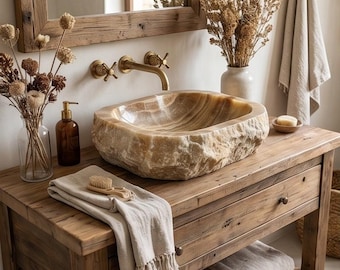 Light Yellow Onyx Stone Sink Natural Polished Vessel Sink Luxury Bathroom Vanity Sink Handcrafted Unique Stone Basin for Home