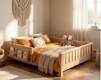 Full Size Montessori Floor Bed Solid Wood Low Profile Kids Bed Frame Non‑Toxic Safe Toddler Floor Bed Montessori Furniture for Independent
