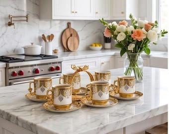 Gold Porcelain Turkish Coffee Set for 6 Luxury Arabic Greek Coffee Cups Saucers Set Elegant Tableware Housewarming Eid Gift