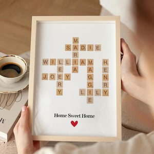 Lámina de Scrabble familiar personalizada, regalo de aniversario para ella, lámina de Scrabble con crucigramas, regalo personalizado para ella, regalo del día de San Valentín