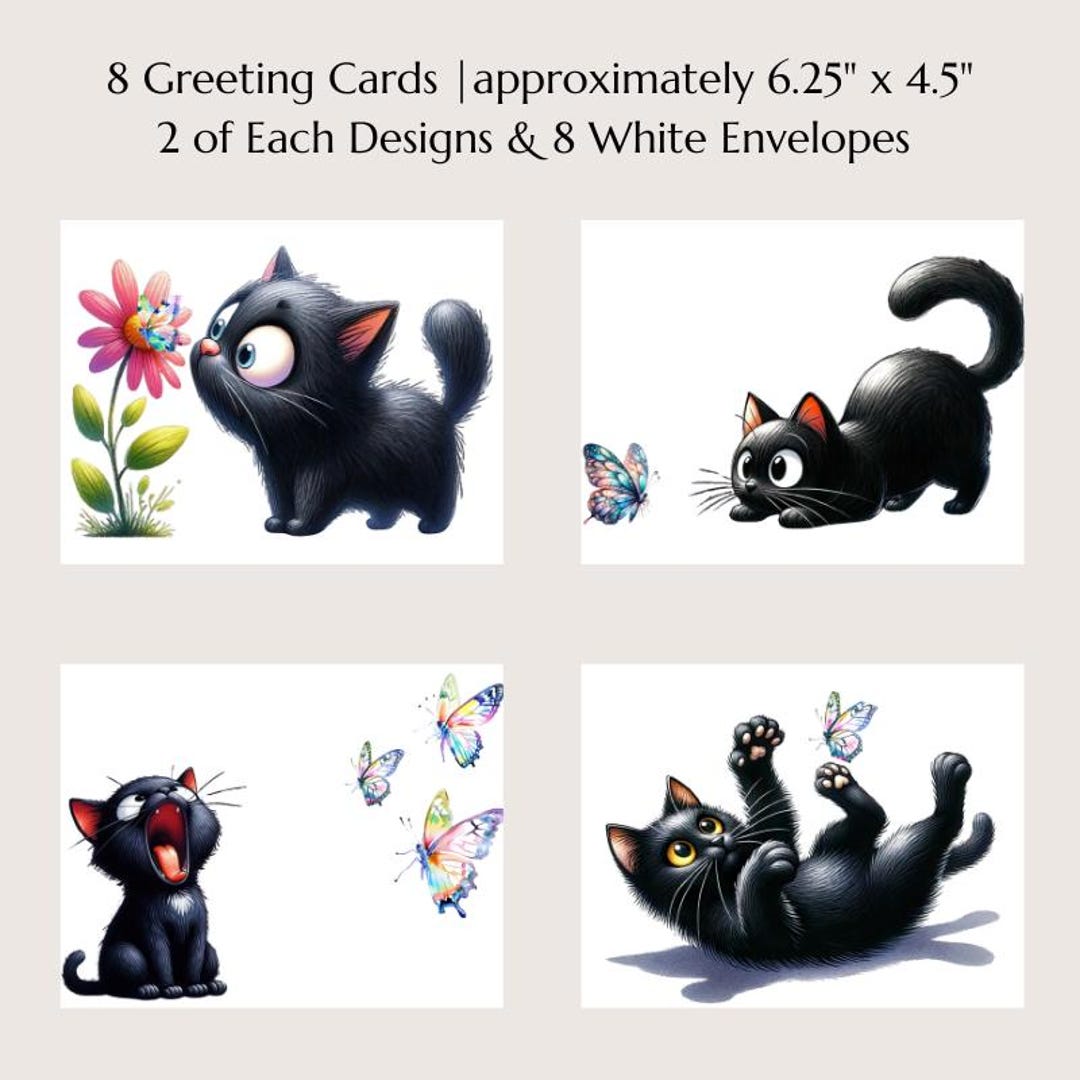 Black Cat Note Cards, Butterfly, Greeting Card Set, Cards With Peel and ...