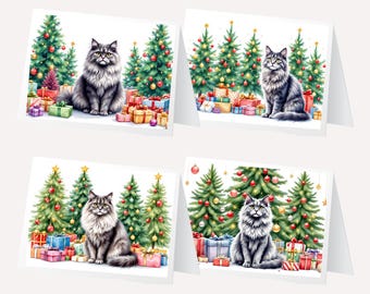 Grey American Longhair Cat Christmas Cards - Holiday Greeting Cards Set of 8 - Animal Rescue Support