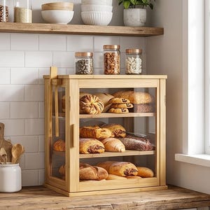 Farmhouse Bamboo Bread Box | 3-Tier Stackable Bread Storage with Window, Large Kitchen Counter Organizer