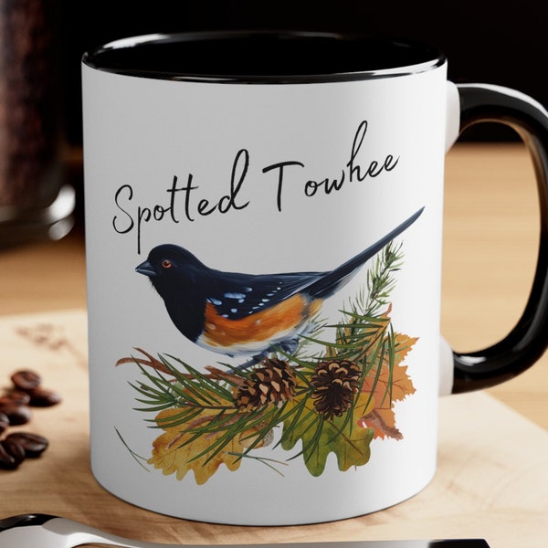 birdwatcher gift, backyard bird, spotted towhee, gift for bird lover, bird nerd, mug gift for her, coffee tea cocoa