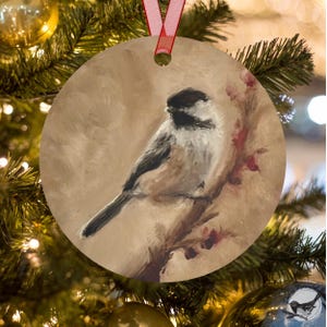 Chickadee Ornament | Print of Original Oil Painting, Unique Chickadee Art Christmas Tree/Holiday Decoration, Aluminum Ornament