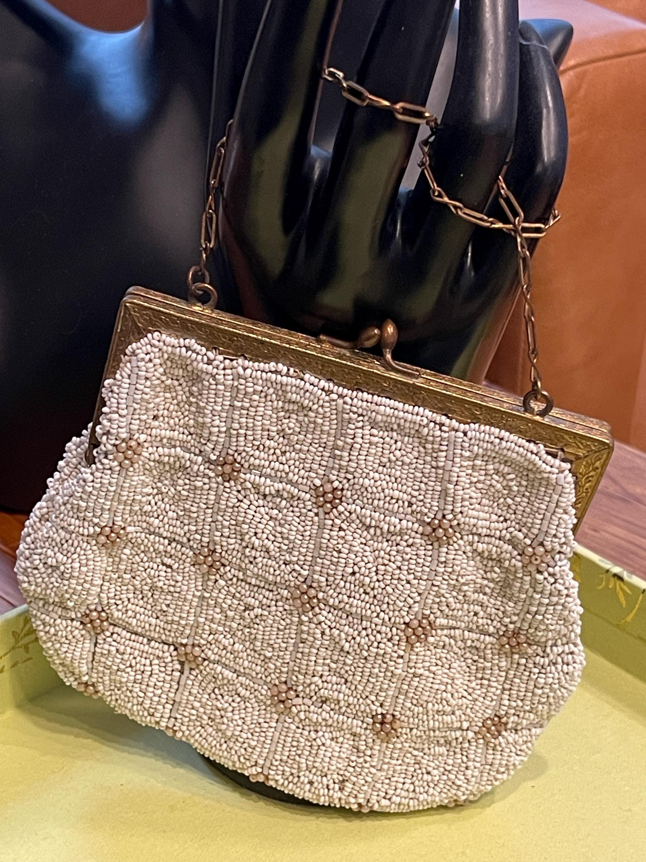 Vintage 1920s Longchamps Belgium White Beaded Handbag w/ Brass Frame & Chain