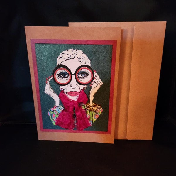 Iris Apfel Handmade Greeting Card.  5" x 7" with envelope.  Unique Greeting Card; Card as Keepsake; All Occasion