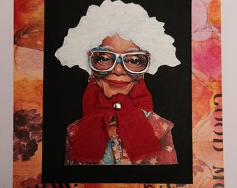 May include: A collage featuring a woman with white hair wearing red glasses and a red scarf. The background is a colorful abstract design with the words "Good Morning" and "Sunshine" visible.
