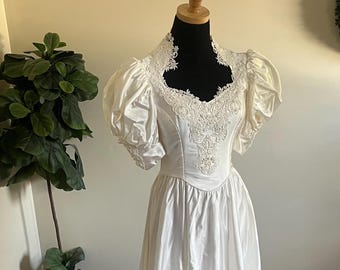 Vintage 1990s Union Made Satin Wedding Dress | Puff Sleeve Beaded Lace Bridal Gown | Princess Ballgown | Retro Fairytale Bride