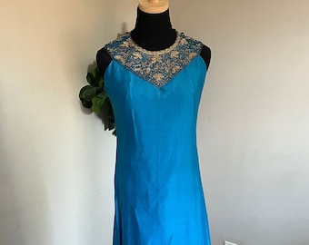 Vintage 1960s Blue Silk Dress with Embellishments, Midcentury Modern Dress, Mother of the Bride Dress,  Mother of Groom Dress, Mod Cocktail