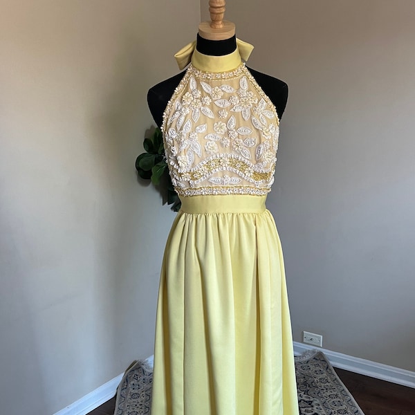 Retro Glam! Vintage 70s Evening Gown with POCKETS, Canary Yellow Dress, Embellished Formal Prom Gown Blacktie Wedding Dress Victoria Royal