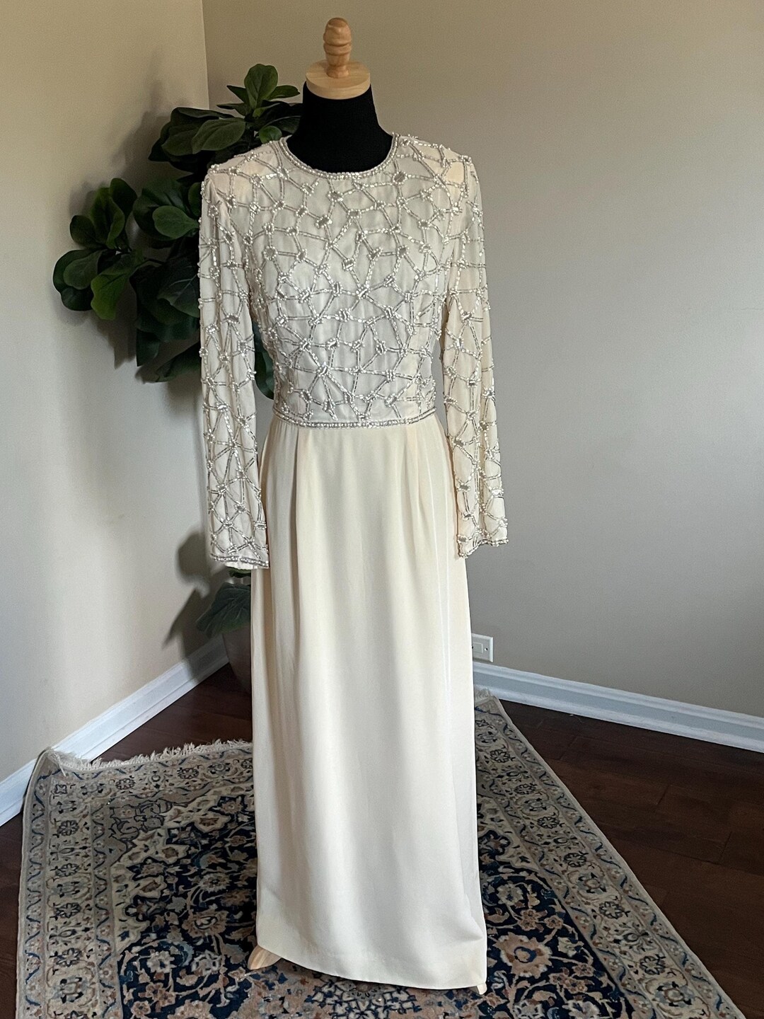 Vintage 80s Ivory Beaded Wedding Gown - Long Sleeved Modest Bridal ...