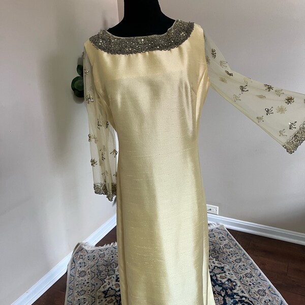 Vintage 1960s Yellow Taffeta Cocktail Dress, Mother of the Bride Dress, Mother of the Groom Dress, Sheer Sleeves & Beaded/Sequin Details, XL