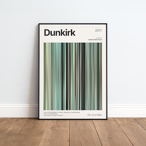 Może przedstawiać: Oprawiony plakat filmowy Dunkierka 2017 z centralną grafiką pionowych kolorowych pasów w odcieniach turkusu, zieleni, szarości i brązu. Tekst zawiera tytuł Dunkirk, 2017, A film by Christopher Nolan, nazwiska obsady oraz oznaczenie PG-13 106m.