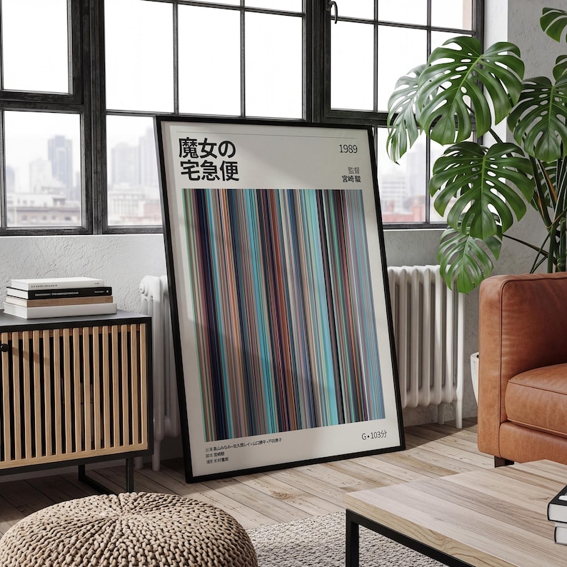 May include: A framed poster with Japanese text and vertical lines in various colors, including blue, brown, and red. The poster is in a black frame and is displayed in a living room setting with a window and a leather sofa.