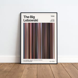 Puede incluir: Un póster de película enmarcado de The Big Lebowski, estrenada en 1998. El diseño presenta una paleta de colores central de rayas verticales marrones, azules y bronceadas. El texto incluye el título, directores, reparto y detalles.