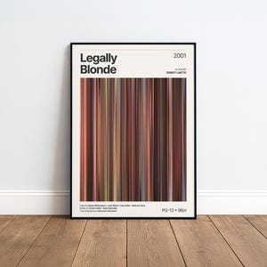 Könnte beinhalten: Ein gerahmtes Filmplakat für den Film Legally Blonde aus dem Jahr 2001 mit einer zentralen vertikalen Farbpalette aus Streifen, die aus den Filmszenen stammen, sowie schwarzem Text mit Titel, Regisseur, Besetzung und technischen Daten.
