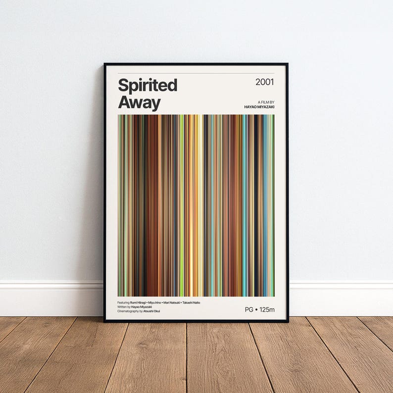May include: A framed poster with the title "Spirited Away" and the year 2001. The poster features a colorful vertical stripe design. Additional text includes film credits and a PG rating.