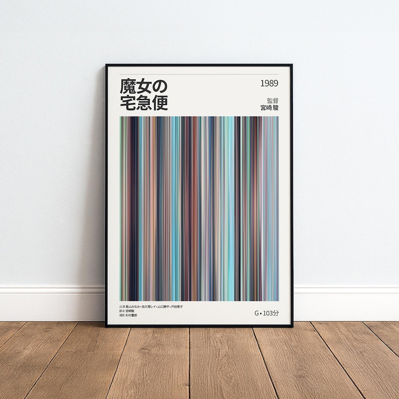 May include: A framed poster featuring vertical stripes in shades of blue, brown, and teal. The poster includes Japanese text and the year 1989. The poster is in a black frame and is displayed on a wooden floor.