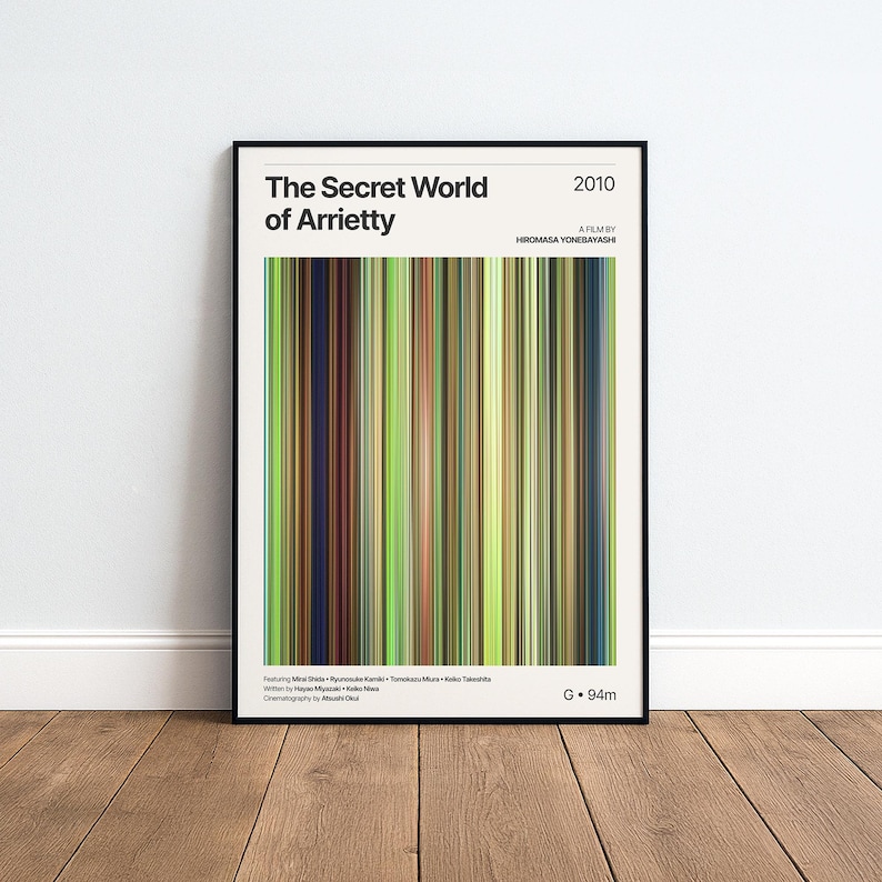 May include: A framed poster for "The Secret World of Arrietty" (2010) with a unique design. The artwork features vertical stripes in shades of green, brown, and yellow. The title and credits are displayed in black text on a cream background.
