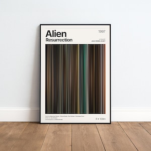 May include: A framed film poster for Alien Resurrection from 1997. The design features a central vertical colour palette of dark browns, blacks, and muted teals. Text includes the film title, director Jean-Pierre Jeunet, cast, and crew credits.