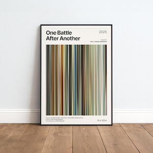 Peut inclure: Une affiche de film encadrée intitulée One Battle After Another, datée de 2025, réalisée par Paul Thomas Anderson. Le centre présente une palette de couleurs verticales avec des rayures brunes, beiges, bleues et grises. Texte incluant les crédits.