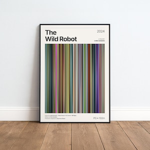 Könnte beinhalten: Ein gerahmtes Filmplakat für The Wild Robot, 2024, mit einer zentralen vertikalen Farbpalette aus dünnen Streifen in Grün-, Braun-, Blau- und Rosatönen. Der Text enthält den Titel, den Regisseur Chris Sanders, die Besetzung und Filmdaten.