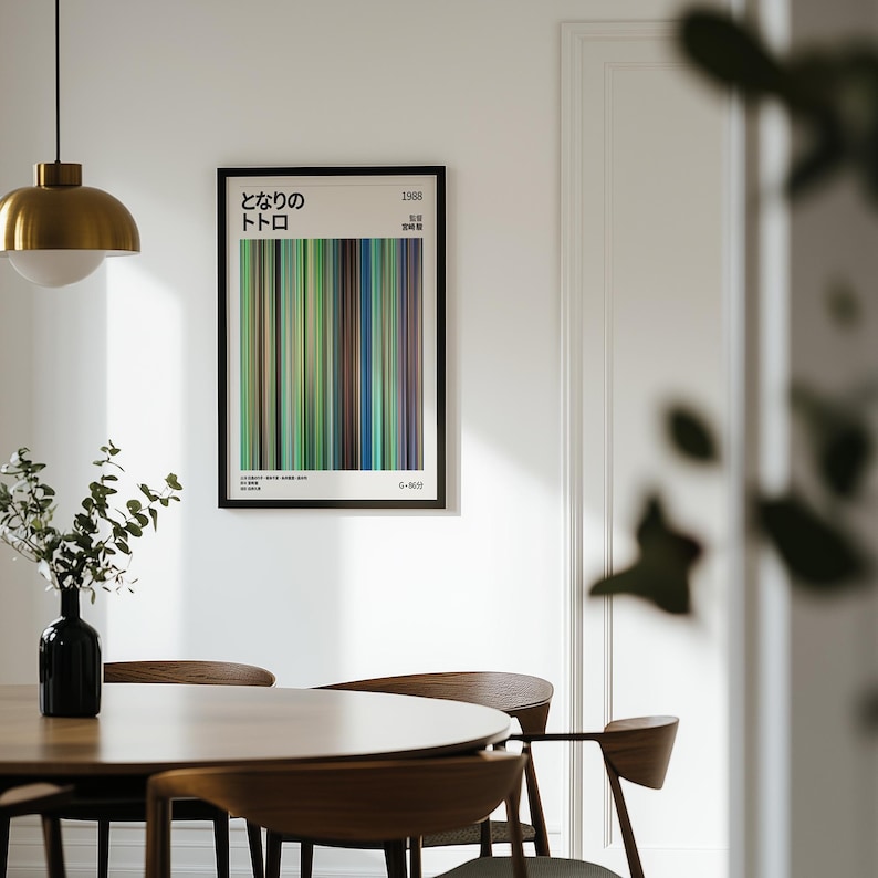 May include: A framed poster with Japanese text and vertical stripes in shades of green, blue, and brown. The poster is mounted on a white wall above a wooden table and chairs. A black vase with greenery and a gold pendant light are also visible.