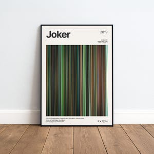 Könnte beinhalten: Ein gerahmtes Filmplakat für den Film Joker aus dem Jahr 2019 mit einer zentralen Farbpalette aus vertikalen grünen, braunen und schwarzen Streifen. Der Text enthält den Titel Joker, das Jahr 2019, Regisseur Todd Phillips und technische Angaben.