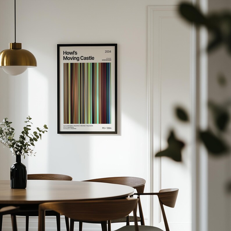 May include: A framed poster with the text "Howl's Moving Castle" and vertical color bars. The poster is displayed on a white wall above a wooden dining table with chairs. A black vase with greenery and a gold pendant light are also visible.