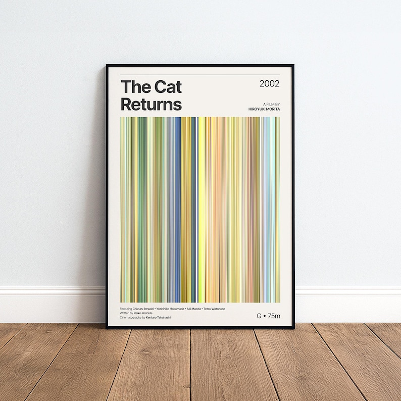 May include: A framed poster for "The Cat Returns" film, featuring vertical stripes in various colors. The poster includes the film's title, year 2002, and credits. The background is a light beige color, and the frame is black.