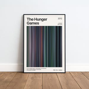 Könnte beinhalten: Ein gerahmtes Filmplakat für The Hunger Games, 2012. Das Design zeigt eine zentrale vertikale Farbpalette aus dünnen Streifen in dunklen Grün-, Grau- und Brauntönen, ergänzt durch weißen Text mit dem Filmtitel, Regisseur und der Besetzung.