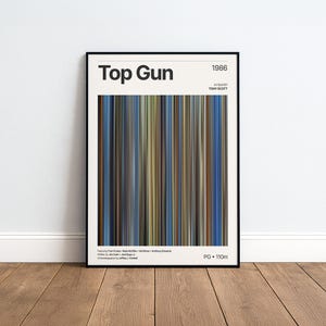 Könnte beinhalten: Ein gerahmtes Filmplakat für Top Gun, veröffentlicht 1986 und unter der Regie von Tony Scott. Das Design zeigt eine zentrale vertikale Grafik aus dünnen Streifen in Blau-, Braun- und Goldtönen, mit schwarzem Text, der die Besetzung auflistet.