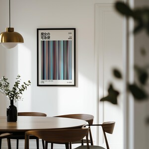 May include: A framed poster with Japanese text and vertical color bars in shades of blue, purple, and brown. The poster is mounted on a white wall above a wooden dining table with chairs. A black vase holds greenery.
