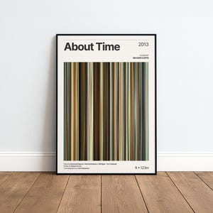 May include: A framed movie poster for the 2013 film About Time, featuring a central graphic of vertical color stripes in shades of brown, tan, and muted green, with black text detailing the film credits and a runtime of 123 minutes.
