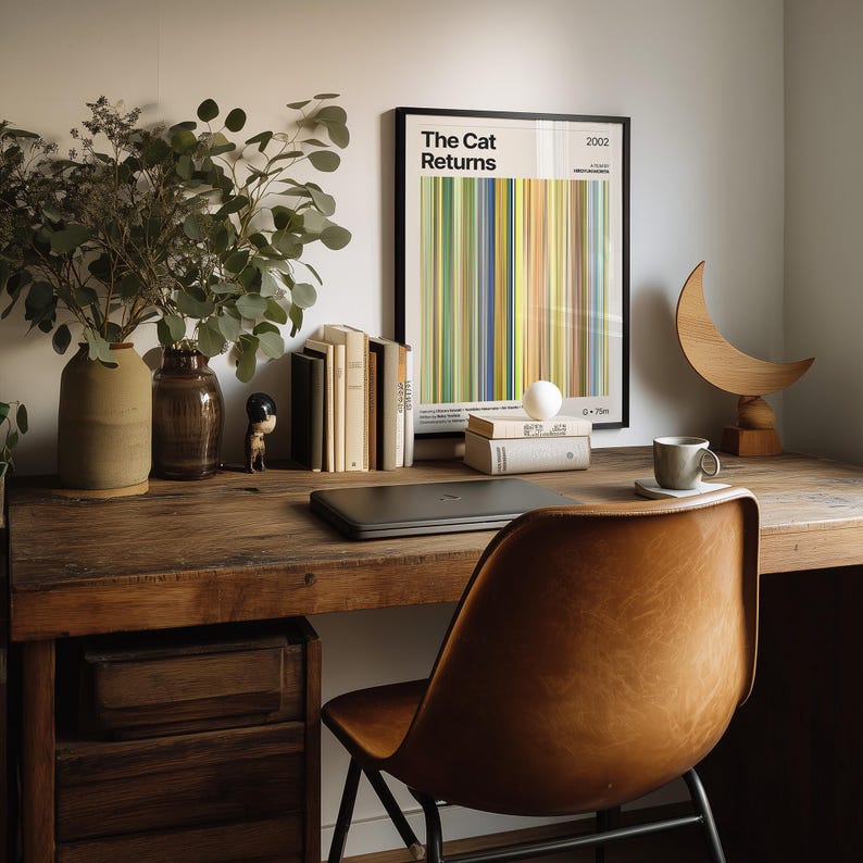 May include: A home office setup with a wooden desk, chair, and framed poster. The poster reads "The Cat Returns" and features vertical lines of color. A laptop, books, and decorative items like vases and a wooden crescent moon are also present.