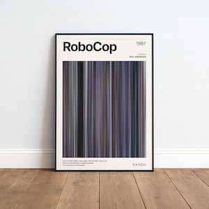 Könnte beinhalten: Ein gerahmtes Filmplakat für den Film RoboCop von 1987 mit einer zentralen vertikalen Farbbalkengrafik aus dünnen Streifen in Blau-, Grau- und Schwarztönen sowie dem Titel, Regisseur, Besetzung und technischen Details in schwarzer Schrift.