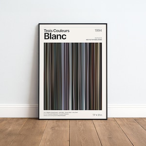 Könnte beinhalten: Ein gerahmtes Filmplakat für den Film Trois Couleurs Blanc aus dem Jahr 1994. Das Design zeigt eine zentrale vertikale Grafik aus dünnen, mehrfarbigen Streifen in Grau-, Blau- und Brauntönen sowie schwarzen Text mit den Film-Credits.