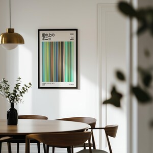 May include: A framed poster with Japanese text and vertical color bars in green, blue, and brown tones hangs on a white wall. The poster is above a wooden dining table with matching chairs. A black vase holds greenery.