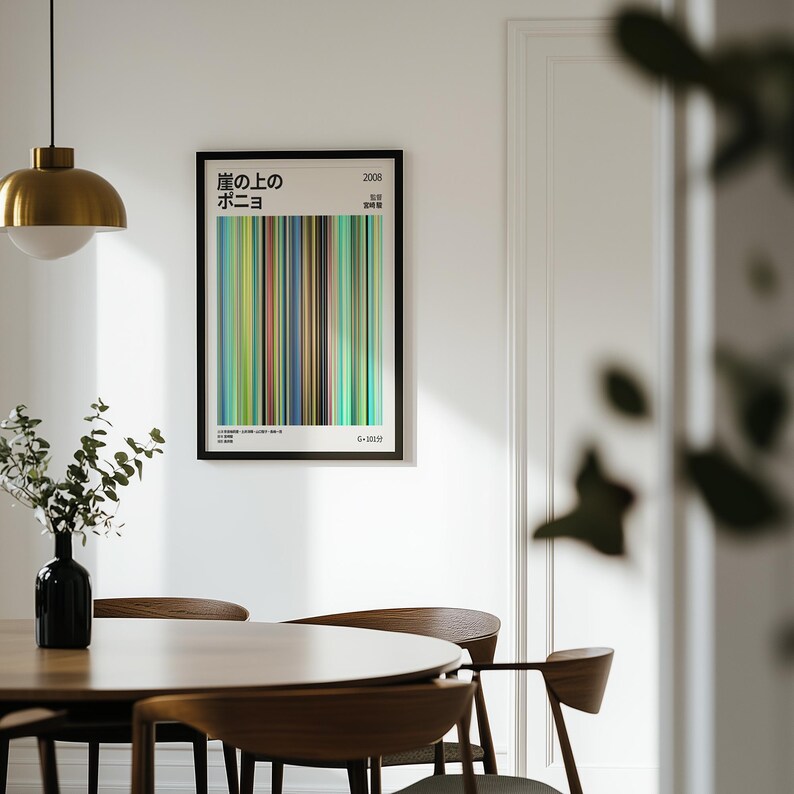 May include: A framed poster with Japanese text and vertical color bars in green, blue, and brown tones hangs on a white wall. The poster is above a wooden dining table with matching chairs. A black vase holds greenery.