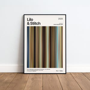 Könnte beinhalten: Ein gerahmtes Filmplakat für Lilo & Stitch 2025, unter der Regie von Dean Fleischer Camp. Das Design zeigt eine zentrale vertikale Grafik im Barcode-Stil, die aus dünnen, mehrfarbigen Streifen in Braun-, Blau-, Grün- und Beigetönen besteht.