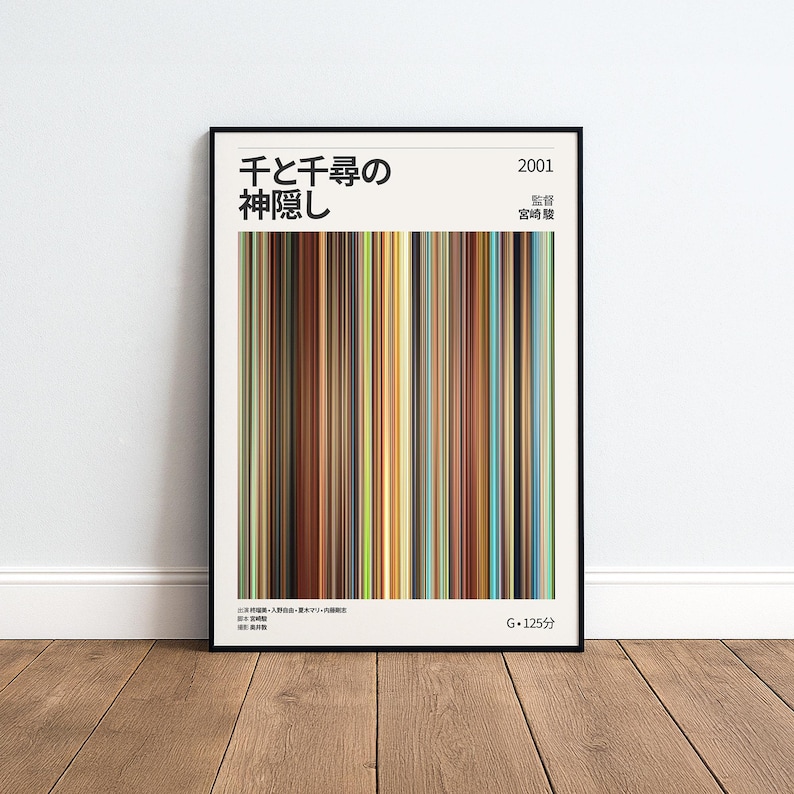 May include: Framed poster featuring a colorful vertical stripe design. The poster includes Japanese text and the year 2001. The color palette includes shades of brown, green, yellow, and blue. The poster is displayed on a wooden floor.