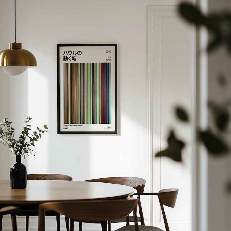 Puede incluir: Un p&oacute;ster enmarcado con texto japon&eacute;s y rayas verticales de colores cuelga de una pared blanca. El p&oacute;ster est&aacute; encima de una mesa de comedor de madera con sillas. Tambi&eacute;n se ve un jarr&oacute;n negro con vegetaci&oacute;n y una l&aacute;mpara colgante dorada.