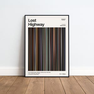 Könnte beinhalten: Ein gerahmtes Filmplakat für Lost Highway, 1997, mit einer zentralen Grafik aus vertikalen Farbstreifen, die die Farbpalette des Films darstellen. Der Text enthält den Titel, Regisseur David Lynch, Besetzung und technische Details.