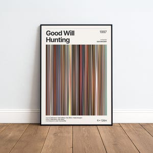 Könnte beinhalten: Ein gerahmtes Filmplakat für Good Will Hunting aus dem Jahr 1997, unter der Regie von Gus Van Sant. Das Design zeigt eine zentrale vertikale Farbpalette aus dünnen Streifen, die den Film repräsentieren, mit schwarzem Text auf weißem Grund.